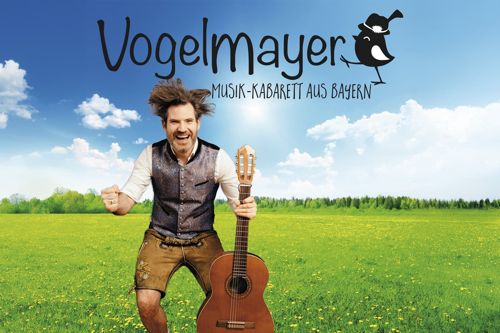 Vogelmayer - Lebensfreude - Veranstaltungsplakat - Mann mit Gitarre auf Wiese